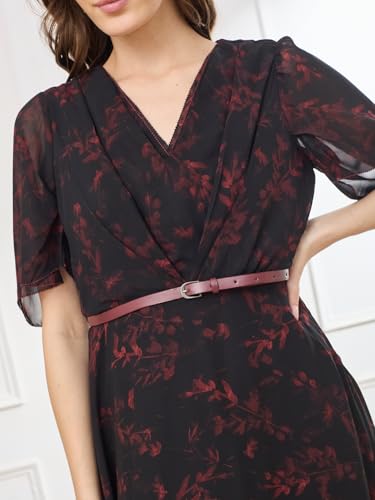 Latin Quarters Women's Black Half Sleeves V-Neck Casual Printed Dress_M
