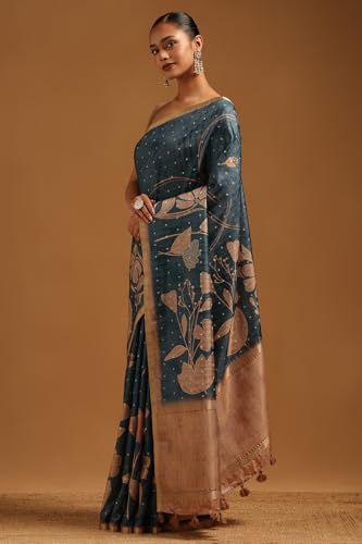 Soch Womens Blue Tussar Botanical Saree