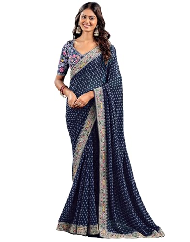 SIRIL Women's Georgette Bandhani Sequence Embroidery Saree With Unstitched Blouse Piece (4115S906_Blue)