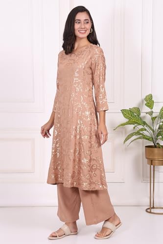 W for Woman Brown Floral Printed Sequins A-line Rayon Kurta with Flared Pants Set - (WS13702-401065-3XL)