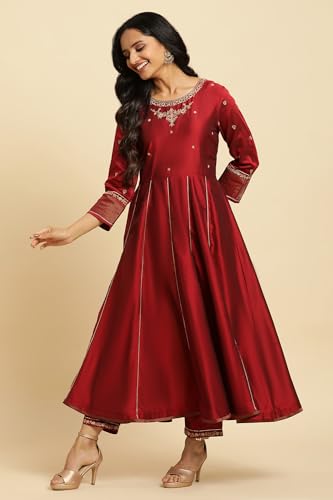 W for Woman Dark Red Zari Embroidered Festive Kurta, Pant and Dupatta Set_24AUWS10267-220298_XL