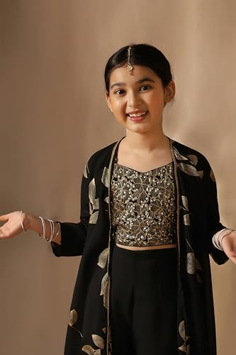 Fashion Dream Girl's Georgette Embroidered Salwar Suit Set|Suit for Girls|Salwar suit for kids|Ethnic Wear|Indo Western Set (FDGSET00504 BLK 36_Black_11-12 Years)