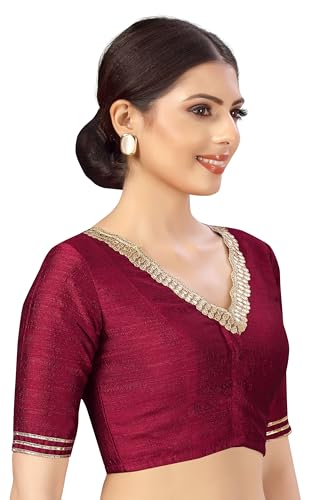 Studio Shringaar Women's Readymade Silky Saree Blouse with Embroidered Neckline (Maroon, 44)