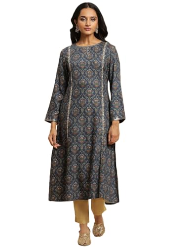 W for Woman Black Paisley Printed Kurta with Kasab Embroidery (Size: 3XL)-24NOW10355-122961