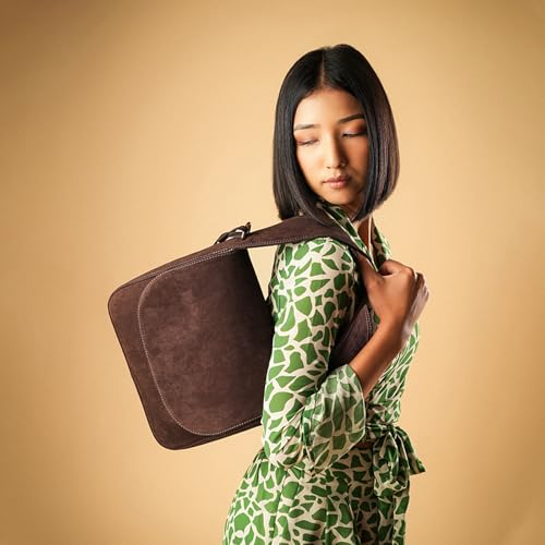 Theater Snackbox Shoulder Bag for Women | Suede Finish Structured Flap Handbag with Adjustable Strap | Medium Everyday Sling Bag with Organized Compartments