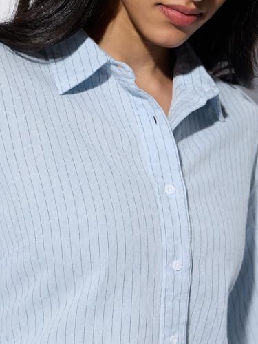 The Souled Store Cotton Linen: High Tide Women and Girls Full Sleeves Spread Collar Light Blue Striped Cotton Linen Blend Regular Fit Lightweight All-Season Shirt