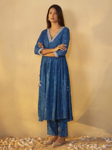 Arangya Embroidered Neckline Blue Kurta & Sequin Work Pant l Pure Cotton Flared Ethnic Wear Suit Set l Festival
