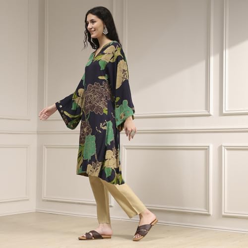Biba Women's Rayon Printed Regular Kurta (EXPN30403AW25CHAR_Charcoal