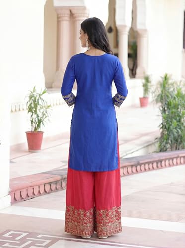 Leeli Peeri Designer Women's Chinon Silk Embroidery Kurta Palazzo and Dupatta Set