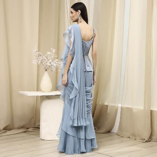 Biba Women Ice Blue Peplum Pre-Draped Saree_36