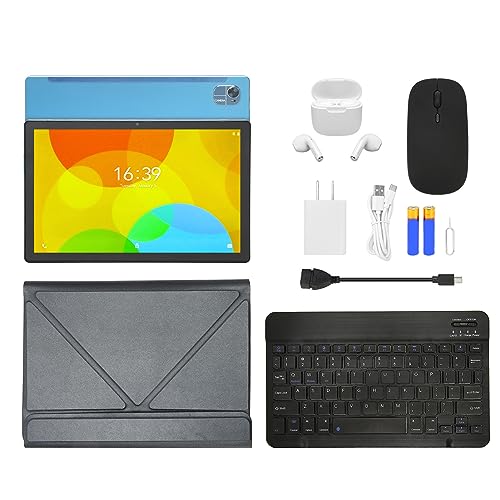 Vikye 10.1 Inch 2-in-1 Tablet with Keyboard and Earphone, 12GB RAM 256GB ROM Octa Core, 12MP 24MP Camera, US Plug (Blue)