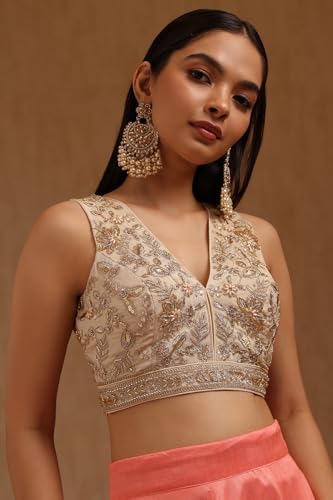 Soch Womens Light Yellow Tissue Embroidered Padded Blouse with Zari