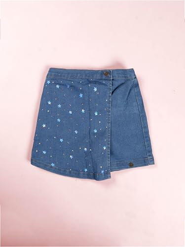KiddoPanti Girls Denim Over Lap Skort with Flowers and Rhinestones, Md Wash with Flowers and Rhinestones - 12-14Y