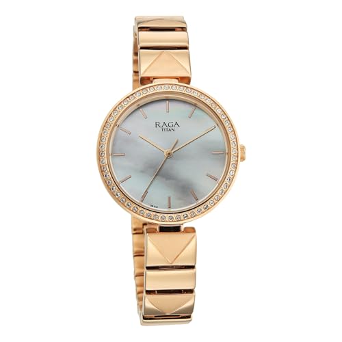 Titan Raga Allure with White Mother of Pearl Dial Rose Gold Brass Solid Link Strap Watch for Women - 2787WM01