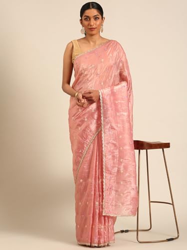 Panzora Women's Pink Tissue Gold Crush Embroiderd Saree With Unstitched Blouse Piece