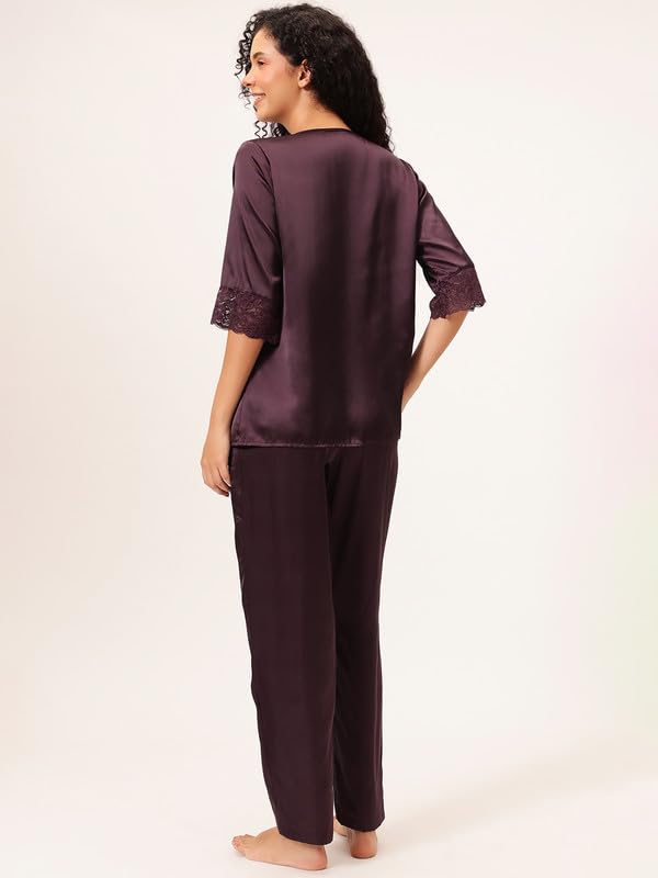 Clovia Women's Satin Button Down Top & Pyjama Set (LS5744G15_Purple_L)