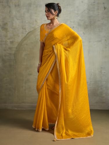 AKHILAM Women's Yellow Chiffon Embellished Saree With Unstitched Blouse Piece (AMELIA13003_SUM)