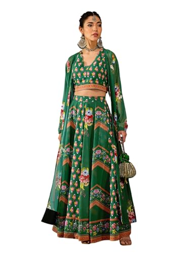 Green Multi Floral Crop Top With Anarkali Skirt & Shrug