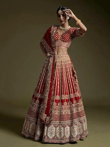 TRENDMALLS Women Satin Semi Stitched Embroidery With Golden Sequin Work Lehenga Choli With Dupatta - Bridal Lehenga Choli (L272-Maroon), 42