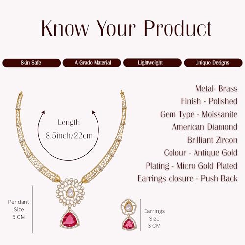 ZYRA JEWELS Micro Gold Plated Floral Necklace Set with American Diamond, Zircon & Moissanite Stones | Party Bling Luxury Designer Jewelry for Women & Girls (Ruby Red)