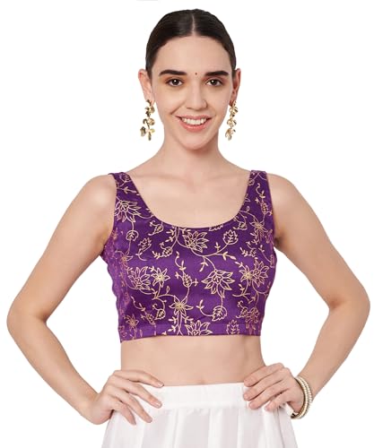 studio rasa Women's Chroma Floral Block Printed Blouse for Festive Wedding Party (TPWC62549S_Purple_Small)