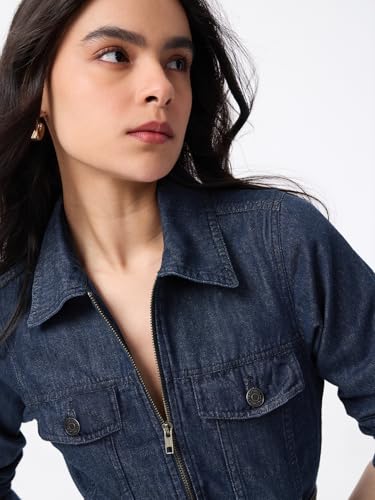 The Souled Store Denim Line: Galactic Women and Girls Long Sleeves Spread Collar Indigo Blue Solid Cotton Regular Fit Detachable Belt Full Zip Shirt Dress