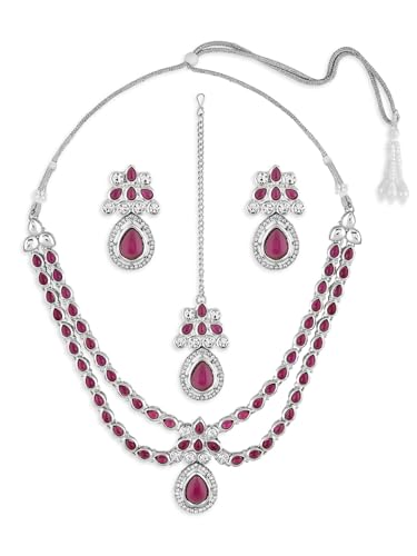 Ami Purple Stones Dazzling Austrian Diamonds Necklace Earring and Maangtikka Set For Women-ZPFK19470