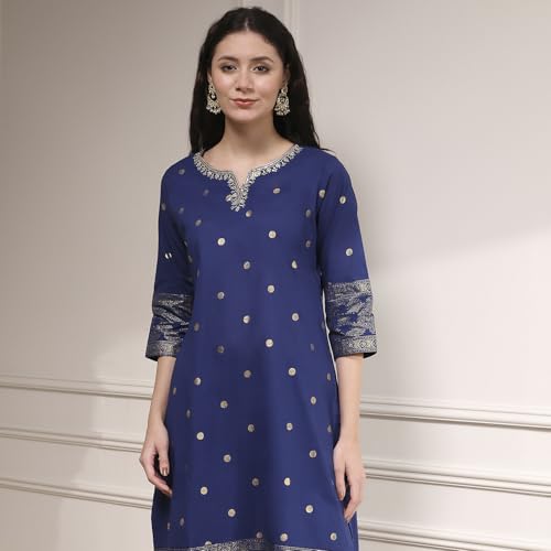 Biba Women's Blue Cotton Straight Printed Suit Set