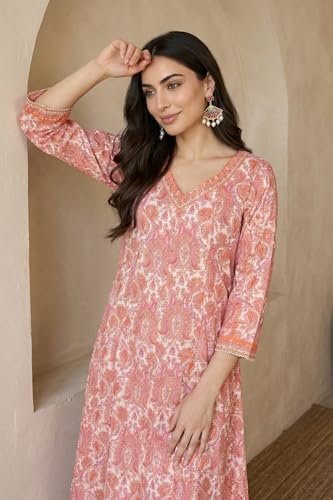 W for Woman White and Peach Paisley Printed Sequins Modal Anarkali Kurta - (W14003-127413-M)