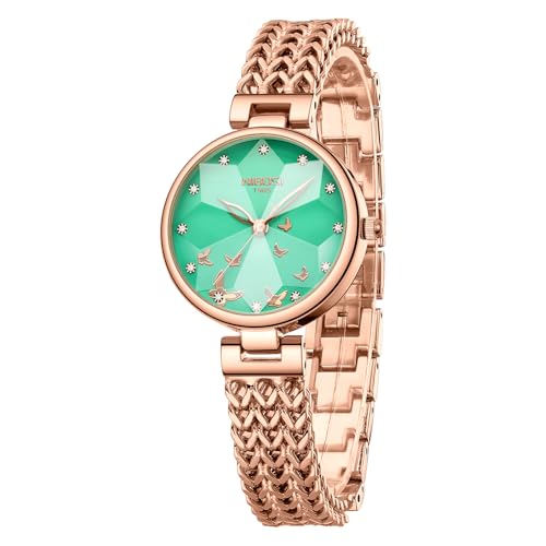 NIBOSI Watch for Woman Analog Quartz Rose Gold Stainless Steel Mesh Band Women Watches Stylish Diamond Wrist Watch Waterproof (Rose Green)
