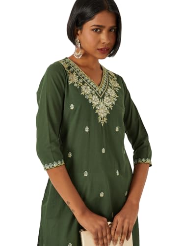 Max Women Embroidered Straight Kurta (Green_L)