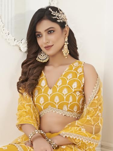 Zeel Clothing Women's Embroidered Soft Net Semi-Stitched Lehenga Choli With Dupatta (2122-Yellow-Wedding-Stylish-Latest; Free Size)