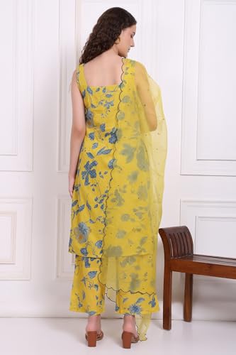 W for Woman Yellow Bold Floral Printed Pure Cotton Straight Kurta, Parallel Pants and Dupatta Set (Size: 2XL)-WS12904-125908