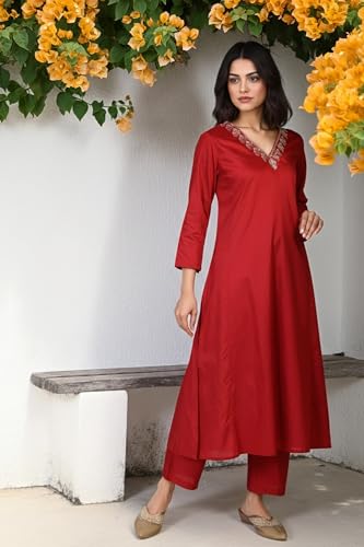 W for Woman Deep Floral Printed Metallic Embroidered Flared Woven Kurta with Straight Pant and Jacquard Dupatta Set - Red (WS13301-224416-3XL)