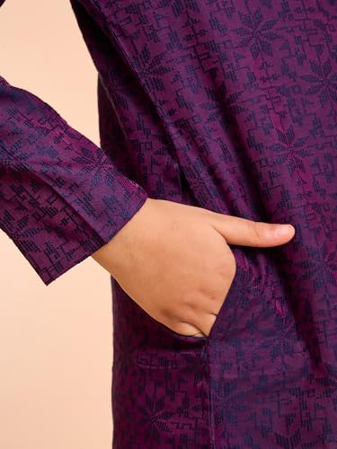 Manyavar Boys Viscose Blend Neck Embroidered Kurta Pyjama Set (Purple,5-6Y)