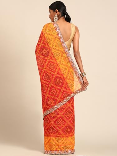 Panzora Women's Yellow Georgette Bandhani Gota Patti Work Border Saree With Unstitched Blouse Piece
