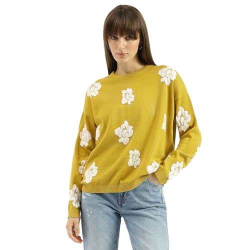 United Colors of Benetton Round Neck Floral Texture Sweater (Size: M)-25A1099W3172I26B Lime