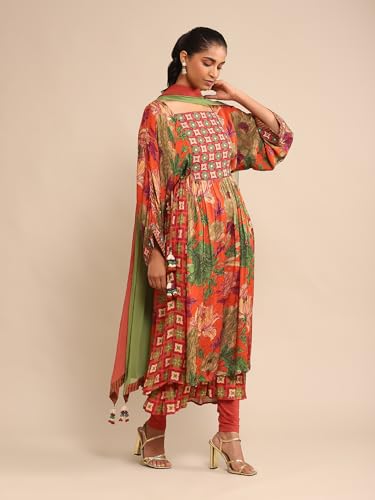 Ritu Kumar Orange Floral Print Kurta With Legging And Dupatta