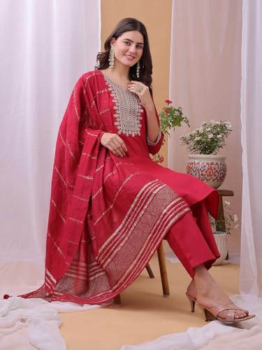 Hritika Pink Cotton Blend Embroidered Kurta with Pants and Dupatta Set | Ethnic Set | Suit Set | Kurta Set | Wedding Suit Set for Women