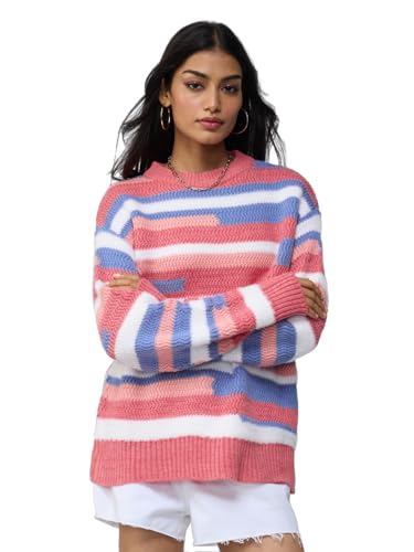 The Souled Store Textured Sweater: Heather Women and Girls Full Sleeves Round Neck Pink Blue and White Striped Acrylic Nylon Chunky Knit Casual Winter Pullover Oversized Sweater