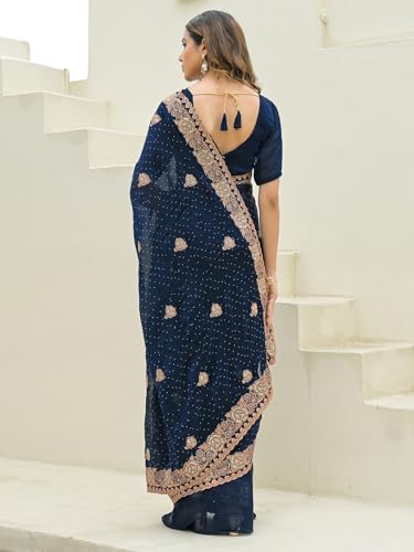 Satrani Women's Shimmer Chiffon Dual Tone Embroidery Scalloped Border Stone Work Saree with Unstitched Blouse Piece (4748S132N_Peacock Blue)