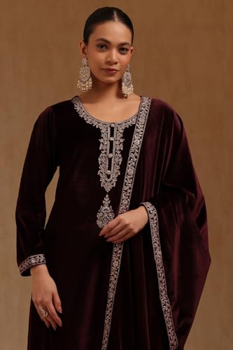 Soch Womens Wine Velvet Embroidered Suit Set With Sequins