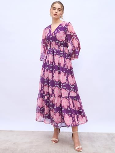 Women Long Sleeve Wrap Maxi Dress (Purple,L)