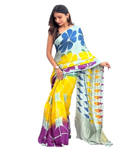 Prijam Handloom Calap Daing Modal Silk Saree, Floral Print, Blue Yellow Purple Pattern, Gold Border (multi 1)