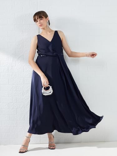 Latin Quarters Women's Blue Sleeveless V-Neck Solid Party Maxi Dress_M