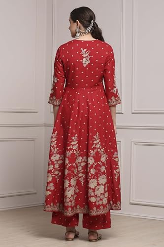 Biba Women Red Cotton Anarkali Printed Suit Set_36