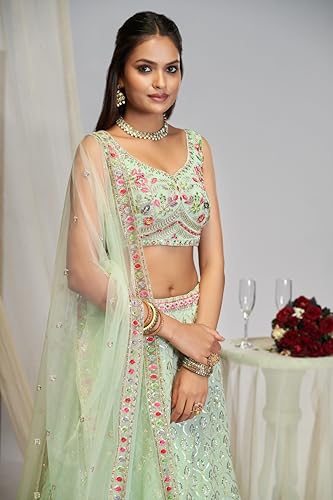 JIHU CULUTURE Pista green thread embroidery georgette Semi-Stitched lehenga choli with dupatta For Women