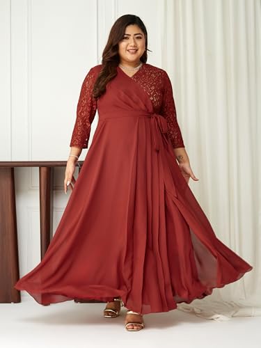Miss Chase A+ Women's V-Neck 3/4 Sleeve Self-Designed Wrap Styled Maxi Dress (APSS21D14-67-901-08, Dusty Red, 3XL)