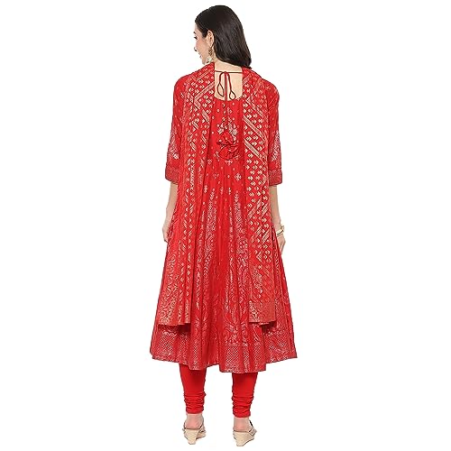 BIBA Cotton Women Printed Anarkali Salwar Kurta Dupatta(Skdgold Mur9148_Red_34)