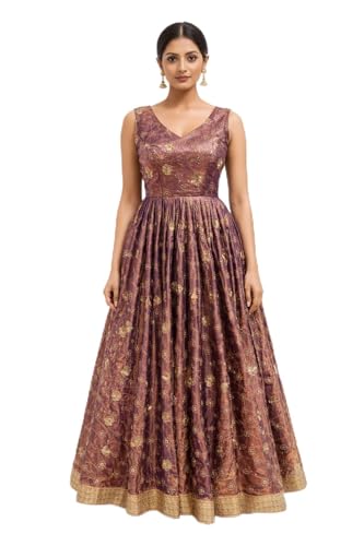 Royal Plum Anarkali A-line Gown with Antique Gold Motifs and Graceful Festive Heritage Charm Ensemble (in, Alpha, S, Regular)